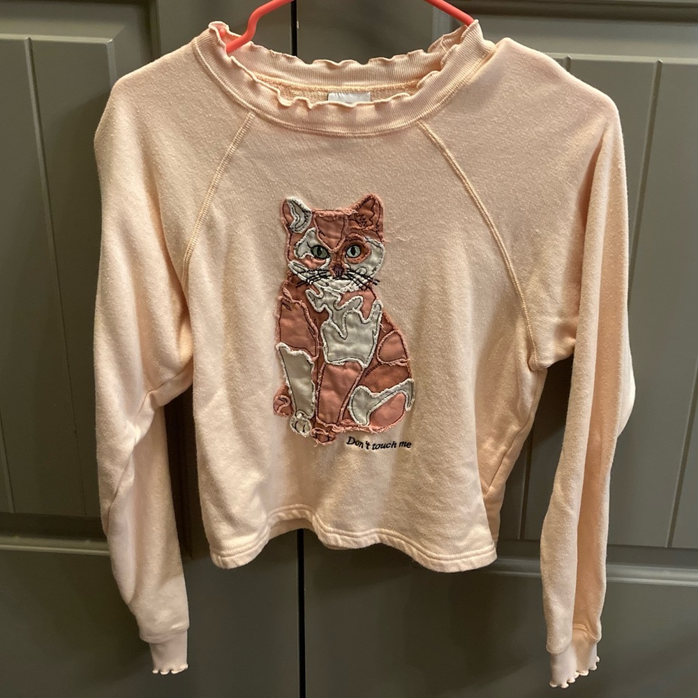 Teddy Fresh XS Patchwork Cat Don’t Touch me Scalloped Sweater Pink/Peach
